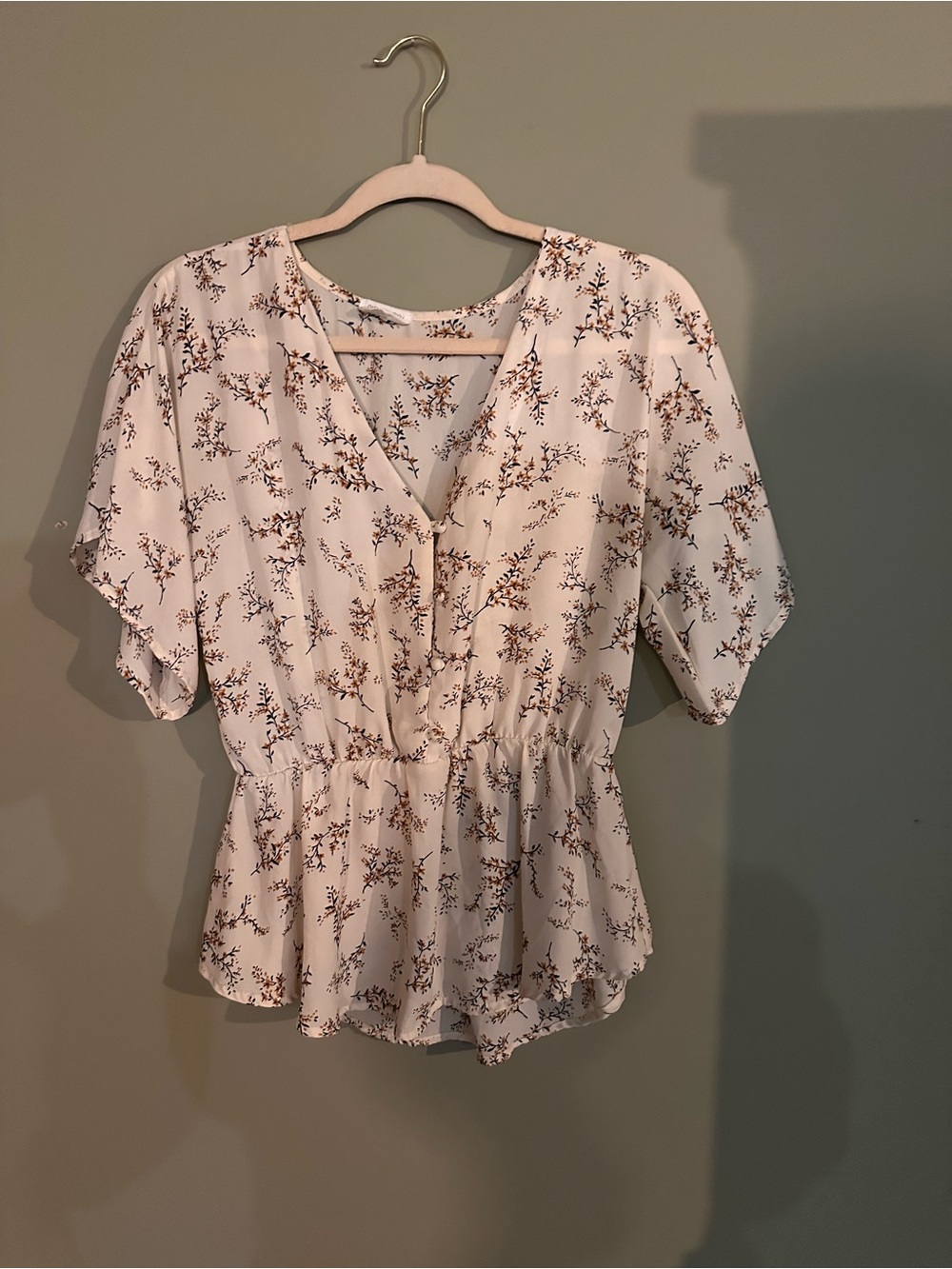 Sienna Sky. Floral V-Neck Peplum Blouse - Cream with Brown Print medium